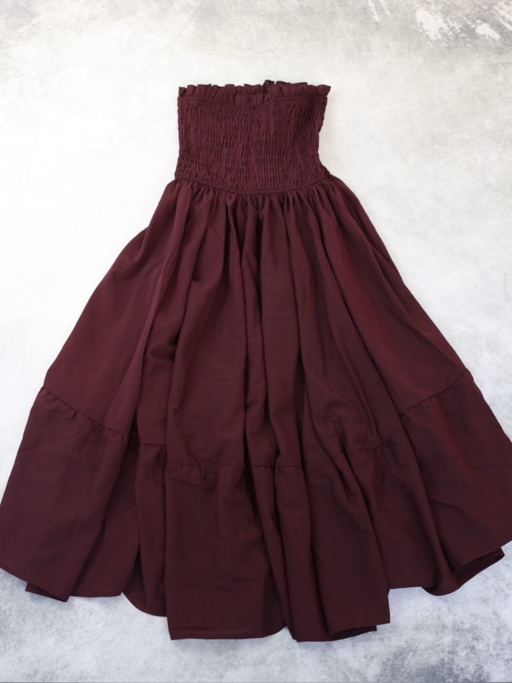 Smocked Waist Tea-Length Dress Deep Burgundy Elastic Bodice Whimsigoth Punk